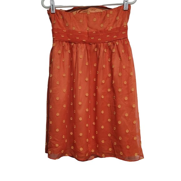 NWT Minuet Orange Yellow Polka Dot Sheer Strapless Lined Zip Dress Size Medium - Picture 2 of 8
